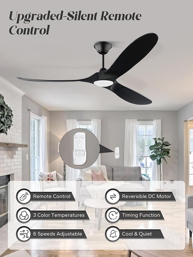 60 inch Outdoor Ceiling Fan for Patios with Light, Black Ceiling Fan with Light, Large Airflow 3 Reversible Solid Wood