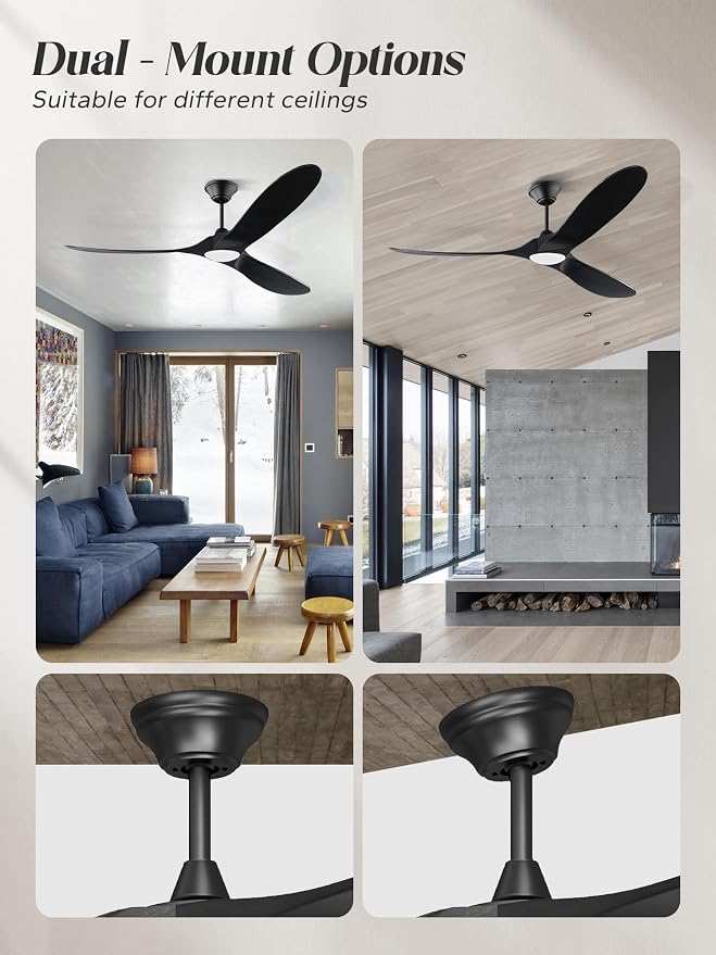 60 inch Outdoor Ceiling Fan for Patios with Light, Black Ceiling Fan with Light, Large Airflow 3 Reversible Solid Wood