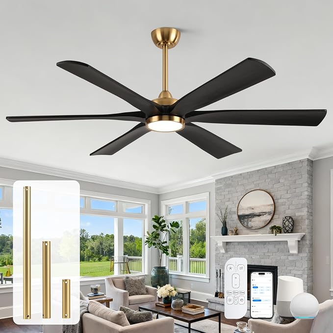 60 Inch Outdoor Ceiling Fan with Lights, Black Gold Smart Fan with Remote Alexa Control, 6 Solid Wood Blades, High CFM Quiet