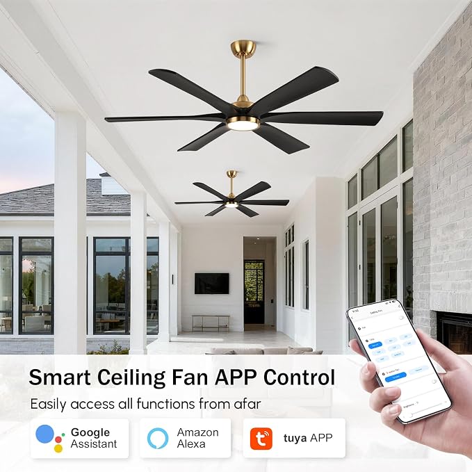 60 Inch Outdoor Ceiling Fan with Lights, Black Gold Smart Fan with Remote Alexa Control, 6 Solid Wood Blades, High CFM Quiet