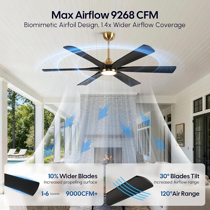 60 Inch Outdoor Ceiling Fan with Lights, Black Gold Smart Fan with Remote Alexa Control, 6 Solid Wood Blades, High CFM Quiet