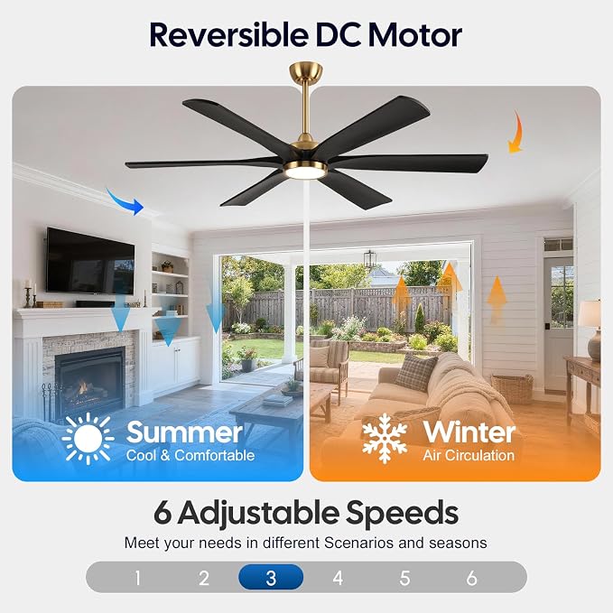 60 Inch Outdoor Ceiling Fan with Lights, Black Gold Smart Fan with Remote Alexa Control, 6 Solid Wood Blades, High CFM Quiet