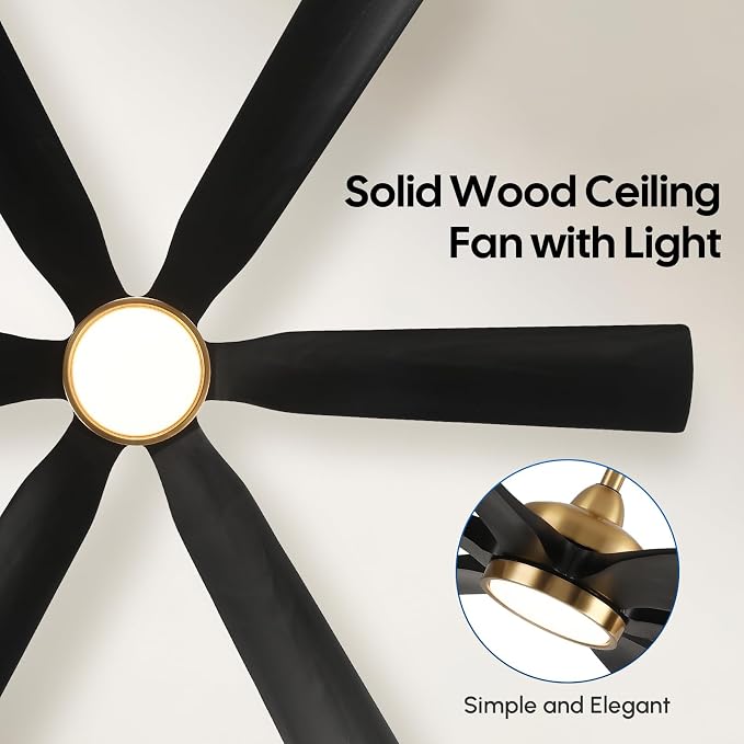 60 Inch Outdoor Ceiling Fan with Lights, Black Gold Smart Fan with Remote Alexa Control, 6 Solid Wood Blades, High CFM Quiet