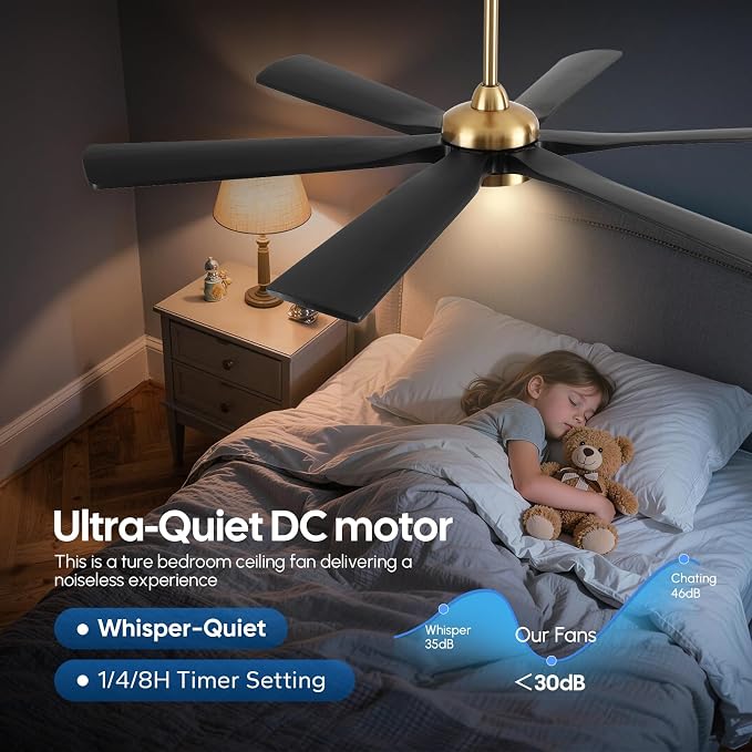 60 Inch Outdoor Ceiling Fan with Lights, Black Gold Smart Fan with Remote Alexa Control, 6 Solid Wood Blades, High CFM Quiet