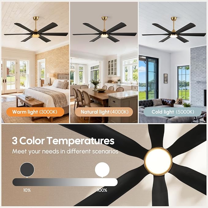 60 Inch Outdoor Ceiling Fan with Lights, Black Gold Smart Fan with Remote Alexa Control, 6 Solid Wood Blades, High CFM Quiet