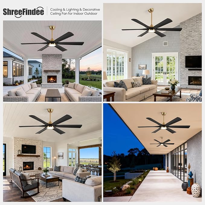 60 Inch Outdoor Ceiling Fan with Lights, Black Gold Smart Fan with Remote Alexa Control, 6 Solid Wood Blades, High CFM Quiet