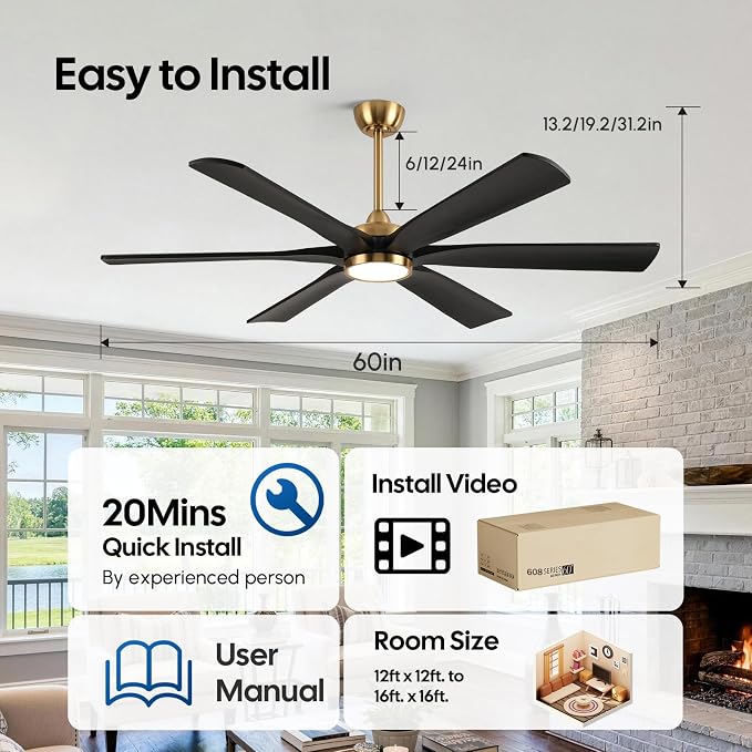 60 Inch Outdoor Ceiling Fan with Lights, Black Gold Smart Fan with Remote Alexa Control, 6 Solid Wood Blades, High CFM Quiet