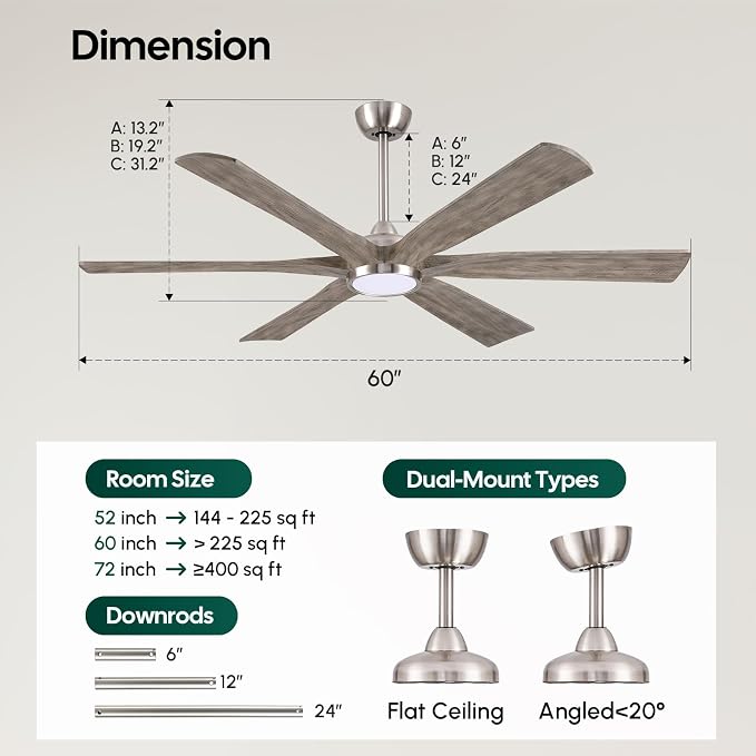 60 Inch Outdoor Ceiling Fans with Lights and Remote, Modern Farmhouse Ceiling Fan, 6 Solid Wood Blades, High CFM Quiet Energy