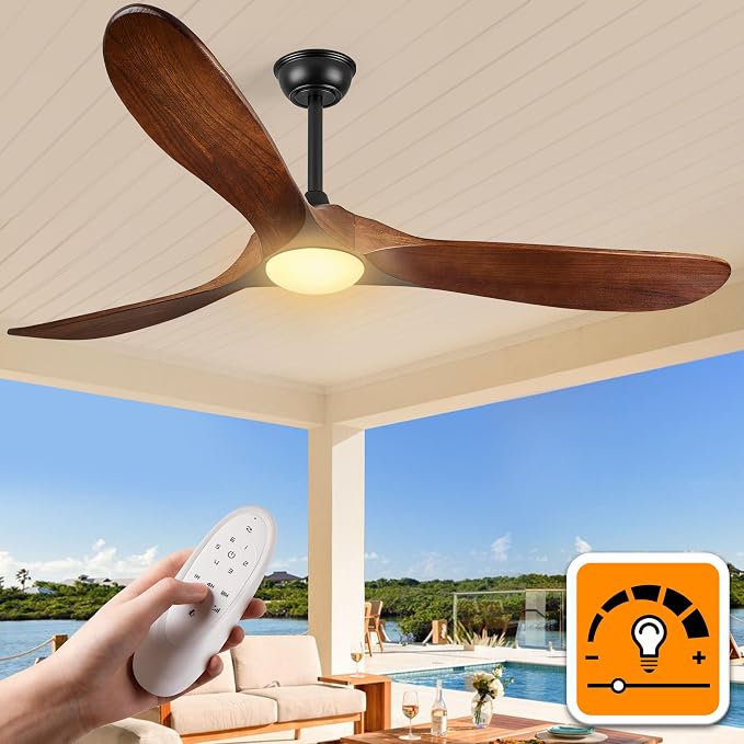 60 Inch Outdoor Ceiling Fans with Lights, Solid Wood Propeller 3 Blades Ceiling Fans with Lights and Remote Control Outdoor