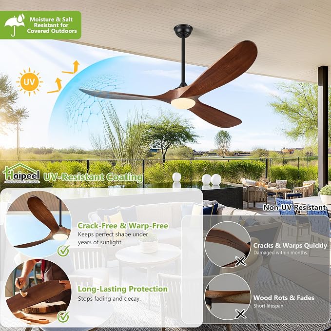 60 Inch Outdoor Ceiling Fans with Lights, Solid Wood Propeller 3 Blades Ceiling Fans with Lights and Remote Control Outdoor