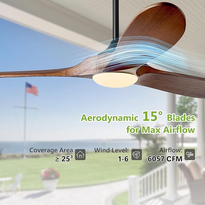 60 Inch Outdoor Ceiling Fans with Lights, Solid Wood Propeller 3 Blades Ceiling Fans with Lights and Remote Control Outdoor