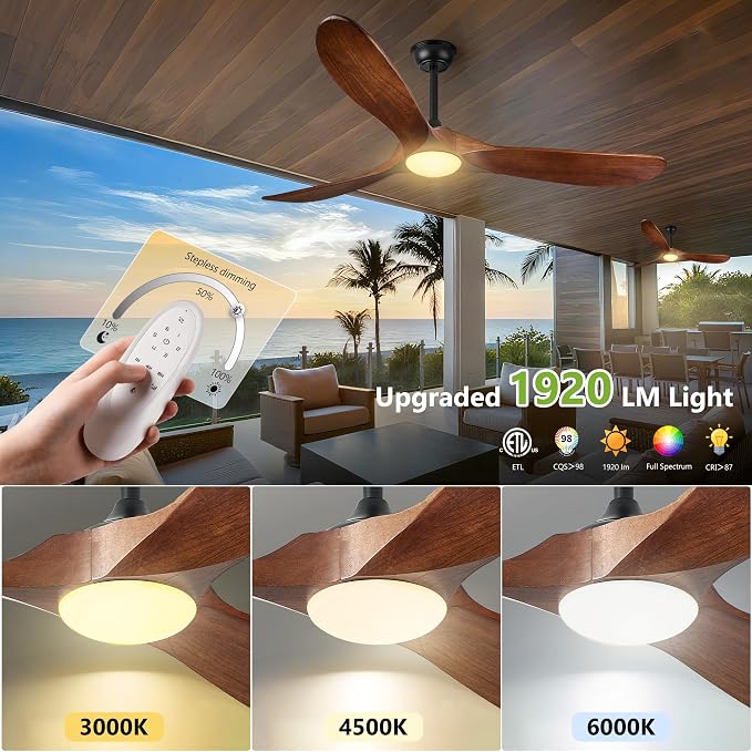 60 Inch Outdoor Ceiling Fans with Lights, Solid Wood Propeller 3 Blades Ceiling Fans with Lights and Remote Control Outdoor