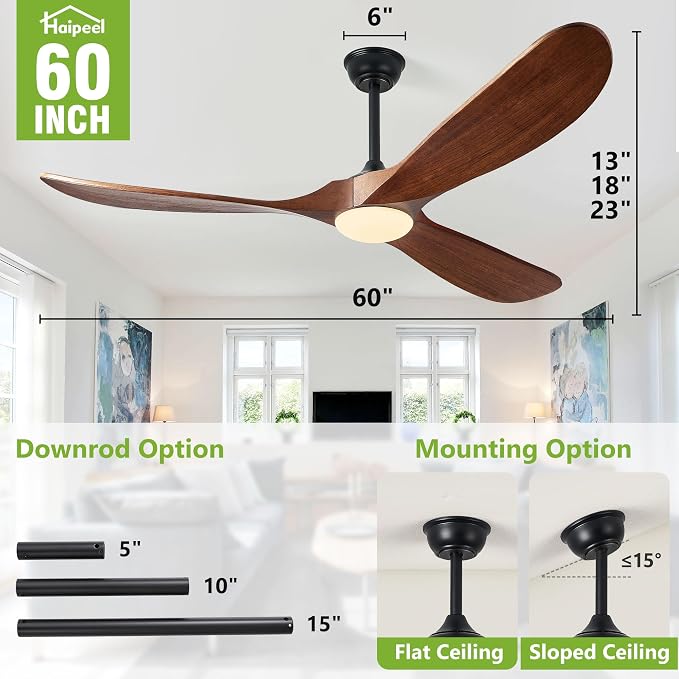 60 Inch Outdoor Ceiling Fans with Lights, Solid Wood Propeller 3 Blades Ceiling Fans with Lights and Remote Control Outdoor