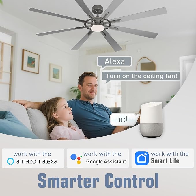 60 Inch Smart Ceiling Fan, Silver Indoor/Outdoor Ceiling Fans with Lights and Remote, Compatible with Alexa/Google/App, 3CCT