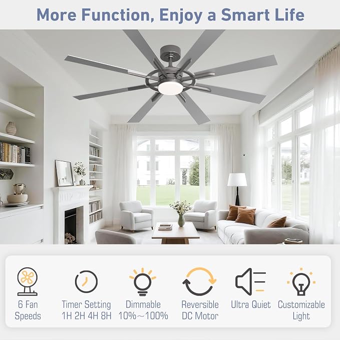 60 Inch Smart Ceiling Fan, Silver Indoor/Outdoor Ceiling Fans with Lights and Remote, Compatible with Alexa/Google/App, 3CCT
