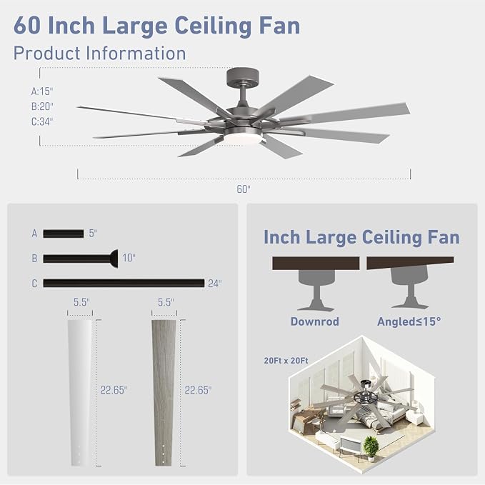 60 Inch Smart Ceiling Fan, Silver Indoor/Outdoor Ceiling Fans with Lights and Remote, Compatible with Alexa/Google/App, 3CCT