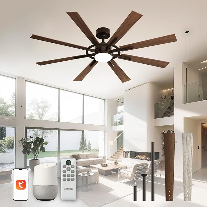 60 Inch Smart Ceiling Fan, Walnut Indoor/Outdoor Ceiling Fans with Lights and Remote, Compatible with