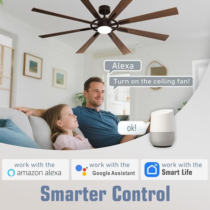 60 Inch Smart Ceiling Fan, Walnut Indoor/Outdoor Ceiling Fans with Lights and Remote, Compatible with, alternate view 2