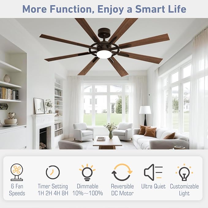 60 Inch Smart Ceiling Fan, Walnut Indoor/Outdoor Ceiling Fans with Lights and Remote, Compatible with, alternate view 3