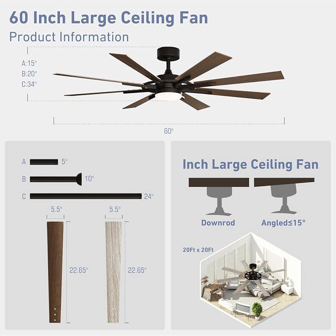 60 Inch Smart Ceiling Fan, Walnut Indoor/Outdoor Ceiling Fans with Lights and Remote, Compatible with, alternate view 8