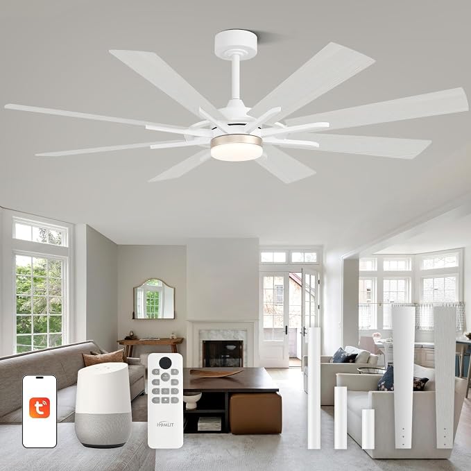 60 Inch Smart Ceiling Fan, White Indoor/Outdoor Ceiling Fans with Lights and Remote, Compatible with