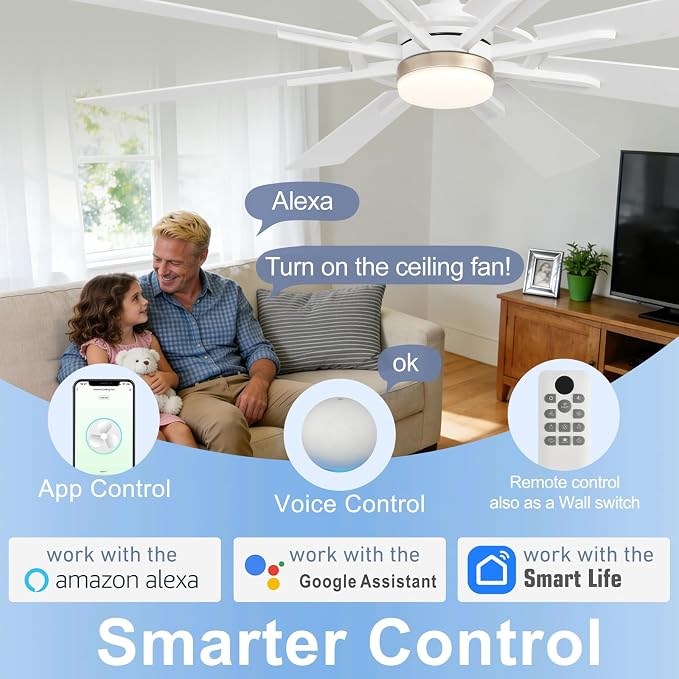60 Inch Smart Ceiling Fan, White Indoor/Outdoor Ceiling Fans with Lights and Remote, Compatible with, alternate view 2