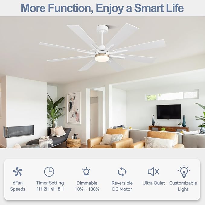 60 Inch Smart Ceiling Fan, White Indoor/Outdoor Ceiling Fans with Lights and Remote, Compatible with, alternate view 3