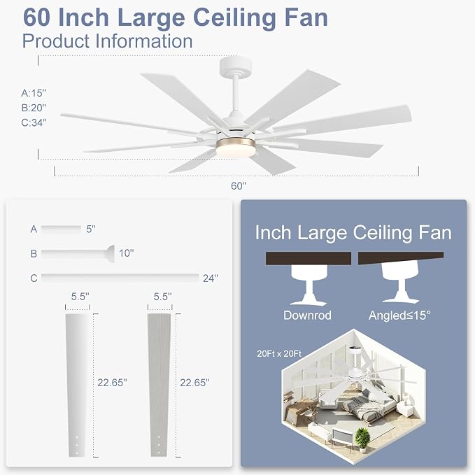 60 Inch Smart Ceiling Fan, White Indoor/Outdoor Ceiling Fans with Lights and Remote, Compatible with, alternate view 8