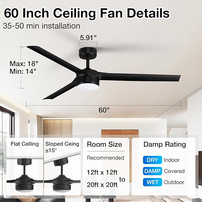 60 Inch Smart Ceiling Fans with Lights and Remote,Quiet DC Motor,3 color for Outdoor Indoor Modern Farmhouse Ceiling Fan