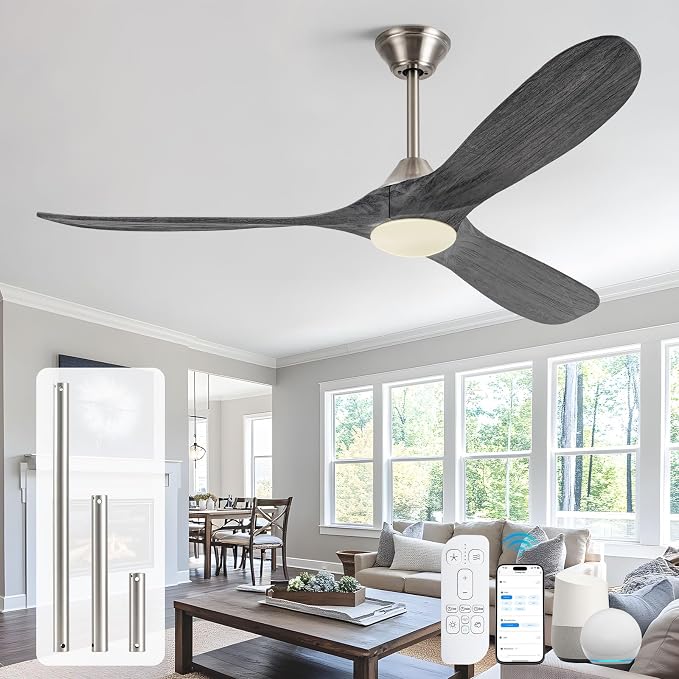 60 Inch Smart Outdoor Ceiling Fans with Light Alexa/Tuya App/Remote Control, Modern Gray Wood DC Ceiling Fan with Dimmable