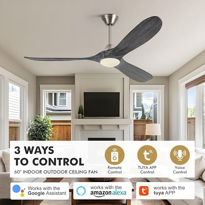 60 Inch Smart Outdoor Ceiling Fans with Light Alexa/Tuya App/Remote Control, Modern Gray Wood DC Ceiling Fan with Dimmable