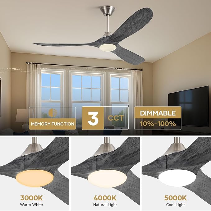 60 Inch Smart Outdoor Ceiling Fans with Light Alexa/Tuya App/Remote Control, Modern Gray Wood DC Ceiling Fan with Dimmable