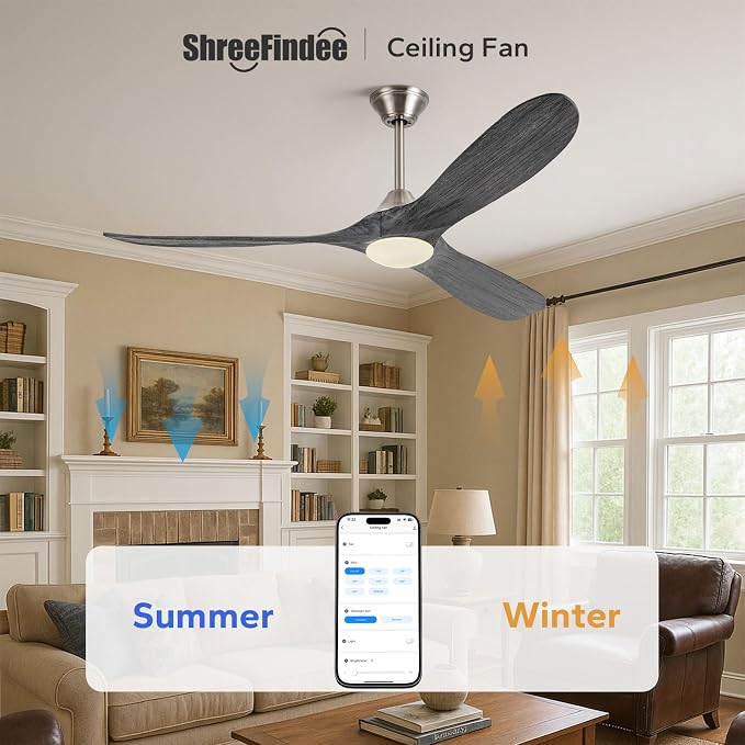 60 Inch Smart Outdoor Ceiling Fans with Light Alexa/Tuya App/Remote Control, Modern Gray Wood DC Ceiling Fan with Dimmable