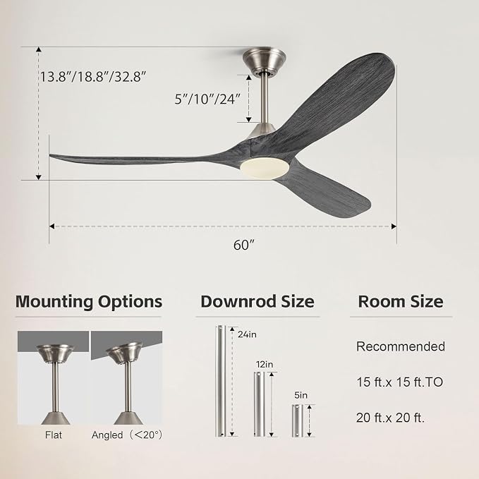 60 Inch Smart Outdoor Ceiling Fans with Light Alexa/Tuya App/Remote Control, Modern Gray Wood DC Ceiling Fan with Dimmable