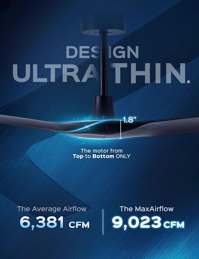 60 Inch Ultra-thin Ceiling Fan Without Lights, Whole Aluminum DC Motor and Blades,6 Speed Adjustable Black Indoor Outdoor