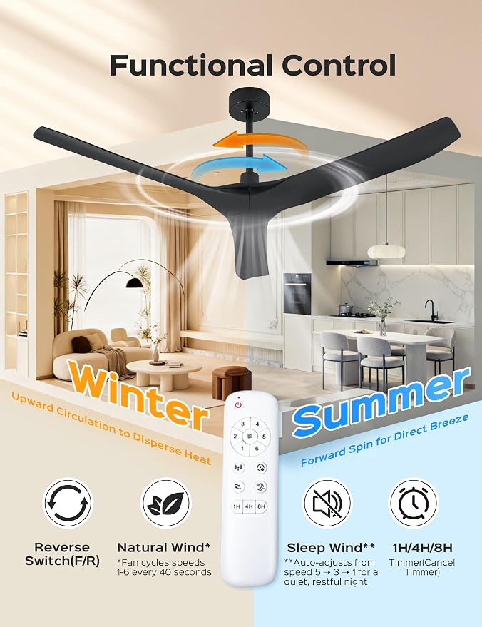 60 Inch Ultra-thin Ceiling Fan Without Lights, Whole Aluminum DC Motor and Blades,6 Speed Adjustable Black Indoor Outdoor