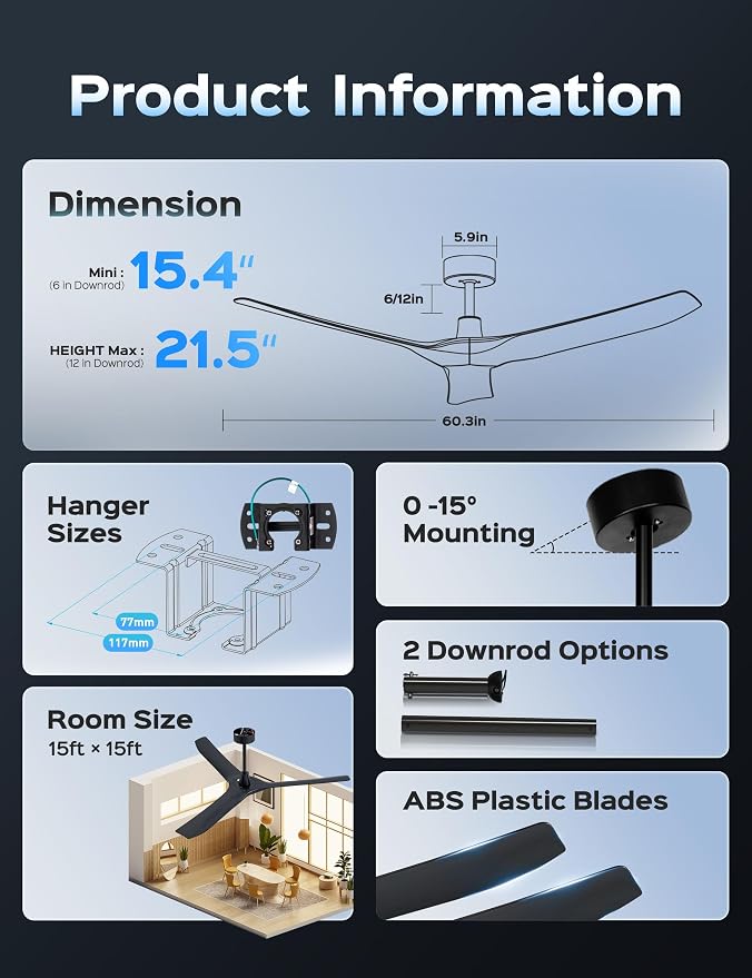 60 Inch Ultra-thin Ceiling Fan Without Lights, Whole Aluminum DC Motor and Blades,6 Speed Adjustable Black Indoor Outdoor