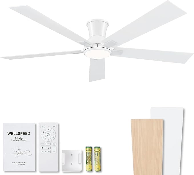60 Inch White Flush Mount Ceiling Fans with Lights, 3CCT Dimmable LED, 6-Speed Remote Control, Reversible Motor,Quiet Low