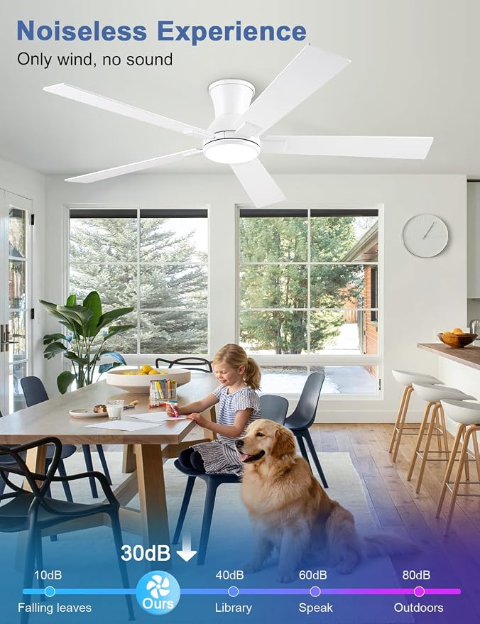 60 Inch White Flush Mount Ceiling Fans with Lights, 3CCT Dimmable LED, 6-Speed Remote Control, Reversible Motor,Quiet Low