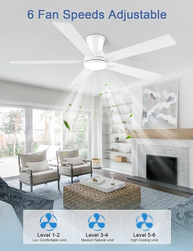 60 Inch White Flush Mount Ceiling Fans with Lights, 3CCT Dimmable LED, 6-Speed Remote Control, Reversible Motor,Quiet Low