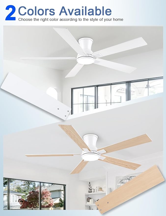 60 Inch White Flush Mount Ceiling Fans with Lights, 3CCT Dimmable LED, 6-Speed Remote Control, Reversible Motor,Quiet Low