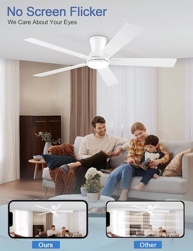 60 Inch White Flush Mount Ceiling Fans with Lights, 3CCT Dimmable LED, 6-Speed Remote Control, Reversible Motor,Quiet Low