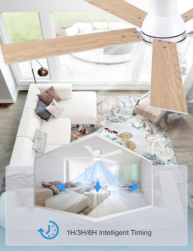 60 Inch White Flush Mount Ceiling Fans with Lights, 3CCT Dimmable LED, 6-Speed Remote Control, Reversible Motor,Quiet Low