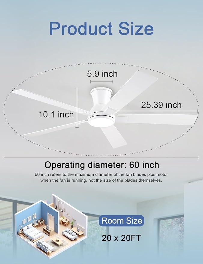 60 Inch White Flush Mount Ceiling Fans with Lights, 3CCT Dimmable LED, 6-Speed Remote Control, Reversible Motor,Quiet Low