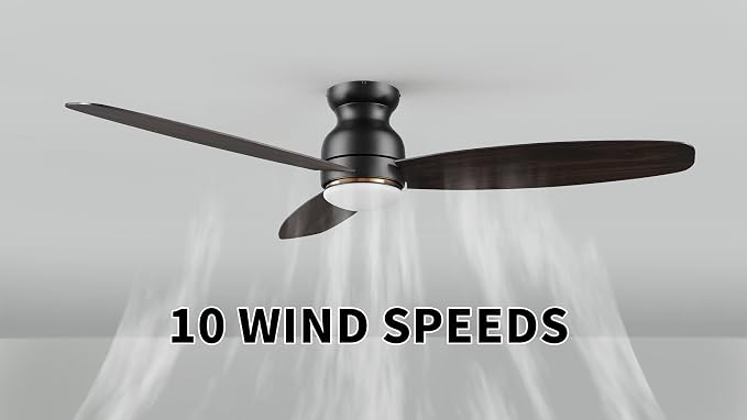 60 Inches Black Ceiling Fan with Light Flush Mount, DC 10 Speeds Silent Ceiling Fan with Remote, 3 Dual Finish Blades, 3