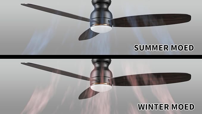 60 Inches Black Ceiling Fan with Light Flush Mount, DC 10 Speeds Silent Ceiling Fan with Remote, 3 Dual Finish Blades, 3