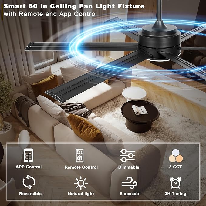 60" Industrial Ceiling Fan with Lights - Remote & APP Control, Dimmable, DC Motor, Outdoor Fan with Aluminum Blades for Patio