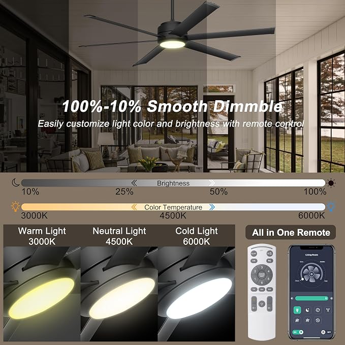 60" Industrial Ceiling Fan with Lights - Remote & APP Control, Dimmable, DC Motor, Outdoor Fan with Aluminum Blades for Patio