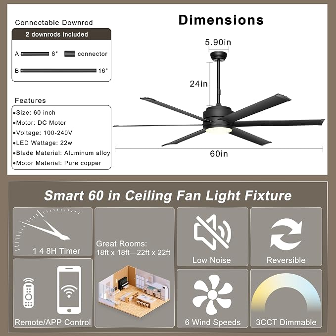 60" Industrial Ceiling Fan with Lights - Remote & APP Control, Dimmable, DC Motor, Outdoor Fan with Aluminum Blades for Patio