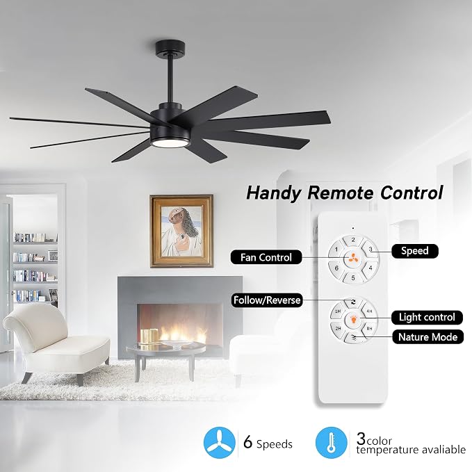 60" Large DC Ceiling Fans with Lights and Remote, 3 Downrods, 8 Plywood Blades, 6-Speeds Reversible DC Motor, 3CCT, Indoor